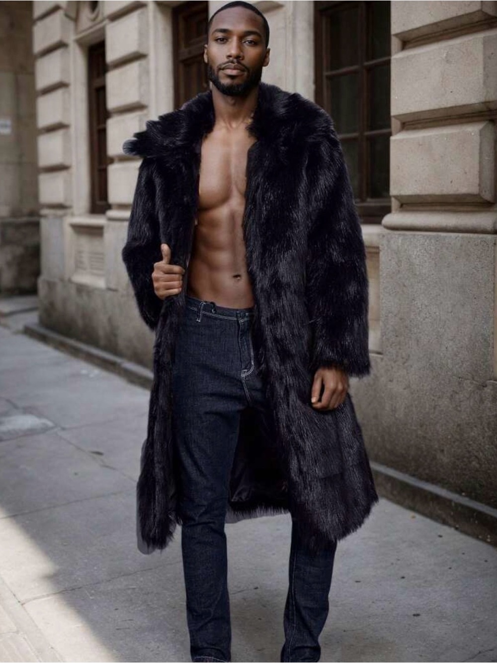 Men's Black Faux Fur Long Coat
